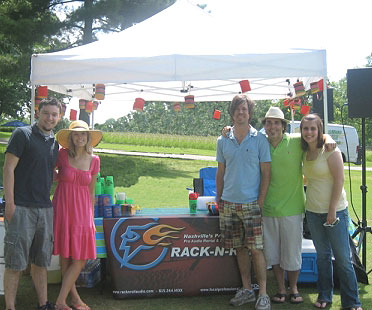 The Rack-N-Roll team on the 10th hole at the 2009 Audio Masters Golf Tournament, serving margaritas and an audio blast from the 80s. Pictured (L-R): Tom Burns, Ashley Dennis, Ian Wolczyk, Rob Dennis and Holly Keim