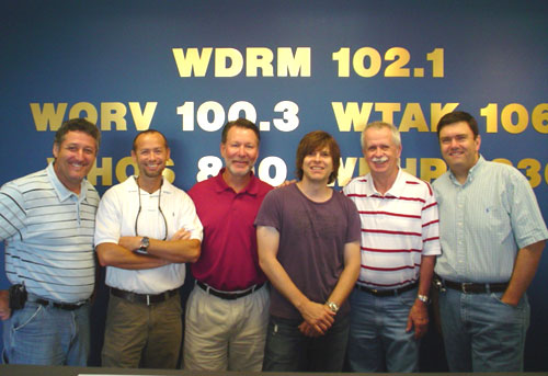 Brady Seals' southeast radio promo tour kicked off in Huntsville at WDRM where he debuted his new single "Ho Down" on the Dan & Dingo morning show.  WDRM air staff shown here from left to right: A.J. McCloud, Dingo, Dan McClain, Brady Seals, Jim Tice, Stuart Langston.