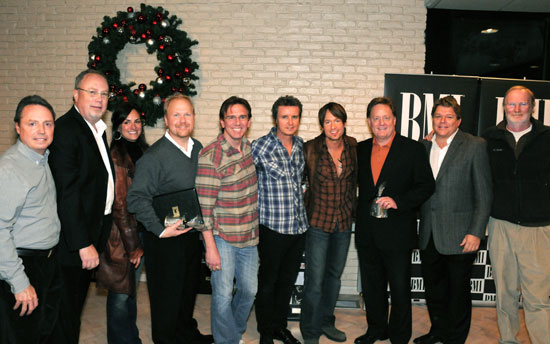 Pictured are (l-r): BMIs Jody Williams, Capitol Nashvilles Mike Dungan, 19 Entertainments LeAnn Phelan, Sony ATV Music Publishings Troy Tomlinson, producer Dann Huff, co-writer Steve McEwan, Keith Urban, EMI Music Publishings Gary Overton, BMIs David Preston, and Borman Entertainments John Grady. Photo by Drew Maynard