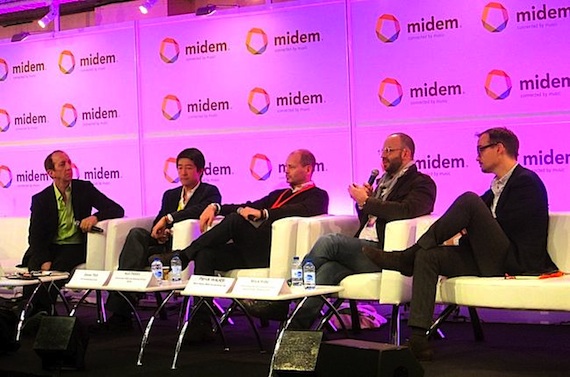 Pictured (L-R): moderator Tom Silverman, CEO of Tommy Boy and executive director of the New Music Seminar; Daren Tsui, CEO of Mspot, Samsungs music hub; Ken Parks, chief content officer and managing director of Spotify; Patrick Walker, YouTubes senior director of music content partnerships for Europe Middle East & Africa; and Mark Piibe, Sony Musics exec VP of global business development and digital strategy.