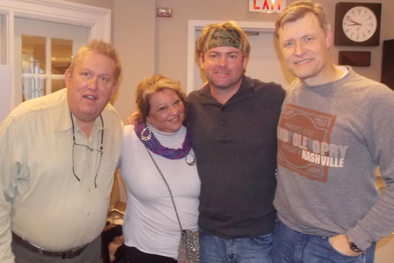 Andy Griggs recently visited with WSM and Bill Cody about his new song, Twenty Little Angels, written for, and benefiting those involved in the Newtown tragedy. The track takes our highest debut this week at No. 62. Pictured (L-R): Al Brock (Spin Doctors Music Group President), Cathy Nakos (Andys manager), Andy Griggs, and Bill Cody (WSM)