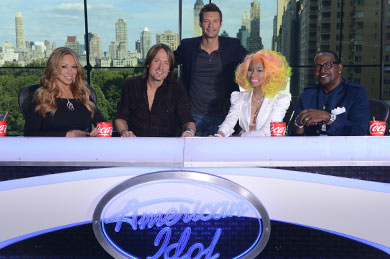 American Idol Season 12. Pictured (L-R): Mariah Carey, Keith Urban, Ryan Seacrest, Nicki Minaj, and Randy Jackson