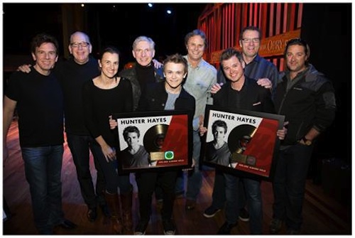 Pictured (L-R): Dan Huff-Producer, John Esposito-President & CEO WMN, Betsy McHugh-Martingale Ent, Ansel Adams-Martingale Ent, Hunter Hayes, Scott Hendricks-Sr. VP A&R WMN, Peter Strickland-Sr. VP Sales & Marketing WMN, Justin Luffman-VP Brand Management, Chris Stacey-Sr. VP Promotion WMN