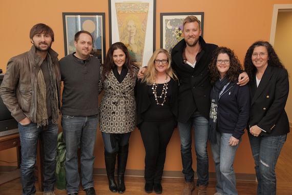 Pictured (L to R): Dave Haywood, Kobalts Director of Creative Jeff Skaggs, Hillary Scott, Kobalt SVP Creative Whitney Daane, Charles Kelley, Kobalt VP of Creative Stephanie Cox, and Lady Antebellum attorney Linda Edell Howard of Adams & Reese. 