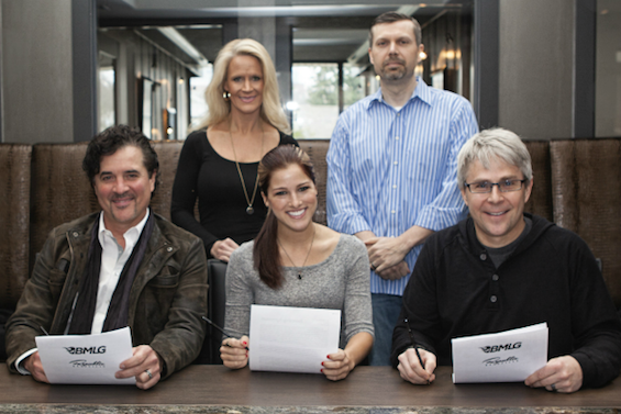 (L-R): Front Row  Big Machine Label Group President/CEO Scott Borchetta, Cassadee Pope, Republic Nashville President/BMLG EVP Jimmy Harnen;Back Row  BMLG, VP of A&R Allison Jones and BMLG General Manager Andrew Kautz (Photo Credit: Amy Fucci)