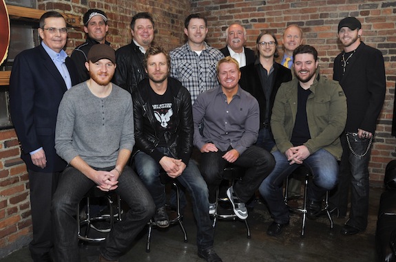 CMA leadership gathers with the newly named CMA Triple Play Award winning songwriters on Jan. 29, 2013 at Marathon Music Works in Nashville, Tenn. Back row (l-r): CMA Board President, Ed Hardy; Neil Thrasher; Rodney Clawson; Ben Hayslip; CMA Chief Executive Officer, Steve Moore; Josh Kear; CMA Board Chairman, Troy Tomlinson; and Brantley Gilbert. Front row (l-r): Eric Paslay; Dierks Bentley; Shane McAnally; and Chris Young. Photo credit: Donn Jones/CMA