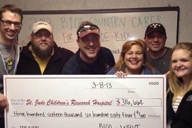 WBYT/B100 in South Bend, IN held its annual St Jude Radiothon and raised a station record $316, 664 for St Jude Kids and cancer research. Pictured (L-R): Brad King, Keith Moody, Cody Austin, Deb Miles, Jesse Garcia, and Brittney Baily