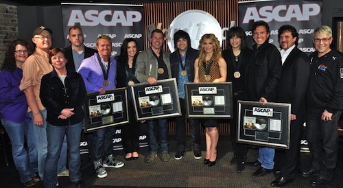 Pictured (L-R): Larga Vista Music's Stephanie Cox; Bigger Picture's Jeff Carlton; Little Blue Egg's Robin Palmer; ASCAP's Robert Filhart; Shane McAnally; Brandy Clark; Trevor Rosen; The Band Perry's Neil, Kimberly and Reid Perry; Dann Huff; BMLG's Scott Borchetta and Jimmy Harnen. Photo by Fred Breedon. 