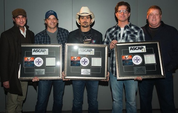 Pictured (l-r): ASCAP's Michael Martin; co-writers Kelley Lovelace, Brad Paisley & Sea Gayle Music's Chris DuBois; ASCAP's Mike Sistad