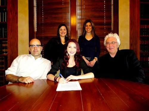 Pictured: (front row) Jedd Katrancha (Downtown Music Publishing), Katie Armiger, Craig Hayes (Shackelford, Zumwalt & Hayes); (back row): Karen Krieschen (Cold River Records) and Erica Johnson (Cold River Records)