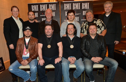 Pictured (back row, l-r): BMIs Clay Bradley, producer Michael Knox, Broken Bow Records Benny Brown, BMG Chrysalis Musics Daniel Lee, Big Red Toe Musics Craig Wiseman and Music of Cal IVs Daniel Hill; (front row, l-r): Jason Aldean; and co-writers Dylan Altman, Jim McCormick and Rodney Clawson. Photo by Rick Diamond