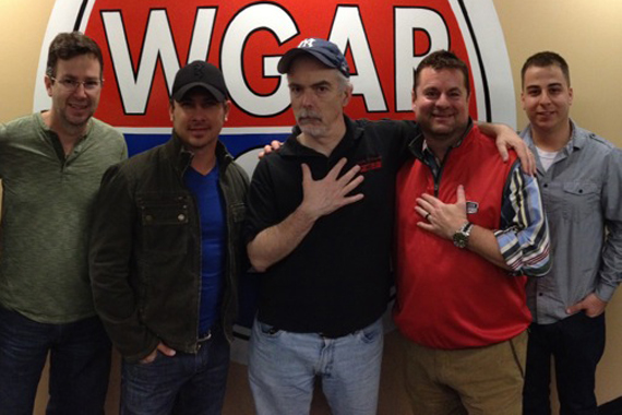 Blaster Records Jared Ashley recently visited WGAR in Cleveland for a visit and performance to promote his latest single, "Last Train To Memphis." Pictured (L-R): Dave Collins (Blaster Records), Jared Ashley, Charley Connolly (PD, WGAR), Tom Porter (CEO, Blaster Entertainment), Dan Barbera (Management, Blaster).