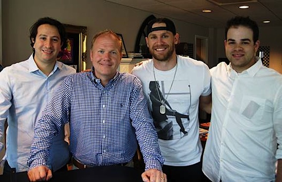 Pictured (L-R): Jacob Fain (Director of A&R, Sony/ATV), Troy Tomlinson  (President/CEO, Sony/ATV Nashville),Chase Rice, Bruce Kalmick (Triple 8 Management)