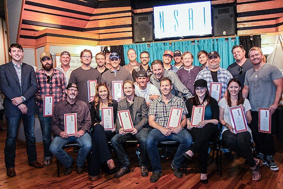 Pictured (L-R): Front Row, seated: Billy Montana, Jessi Alexander, Josh Kear, Trevor Rosen, Brandy Clark, Hillary Lindsey,Second Row (standing): Colby Robbins of Lynch Wealth Management, Jonathan Singleton, Chris DuBois, Kelley Lovelace, Neil Thrasher, NSAI Executive Director Bart Herbison, Mark Irwin, Shane McAnally Back Two Rows, standing: Brian Dean Maher, Jeremy Stover, David Lee Murphy, Jim Beavers, Jon Randall, Matt Warren, Ben Hayslip, Brett Beavers, Jimmy Robbins, Rodney Clawson. Not pictured: Recipients Delta Maid, Wendell Mobley, NSAI President Lee Thomas Miller