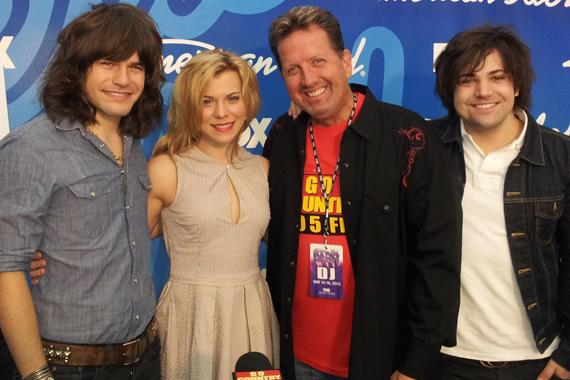 The Band Perry visited with KKGO before the finale of American Idol. Pictured (L-R) Reid Perry, Kimberly Perry, Shawn Parr and Neil Perry.