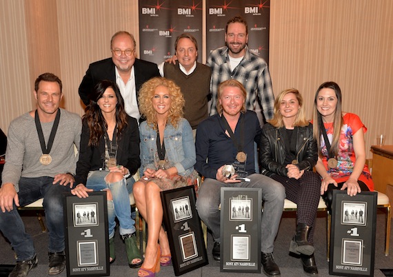  Pictured are, back row (l-r): Capitol Nashvilles Mike Dungan, BMIs Jody Williams, and EMI Blackwood Musics Josh Van Valkenberg; front row (l-r): Little Big Towns Jimi Westbrook, Karen Fairchild, Kimberly Schlapman and Phillip Sweet; and co-writers Delta Maid and Natalie Hemby. Photo by Rick Diamond