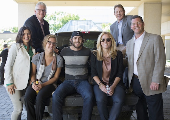 Pictured (L-R): Major Managements Virginia Davis; BMIs Perry Howard and Penny Everhard; Thomas Rhett; and BMIs Leslie Roberts, Clay Bradley, and Mark Mason. 