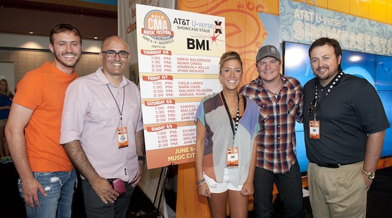 Pictured (L-R): Drew Baldridge, AT&Ts Sean Mitchell, BMIs Penny Everhard, Adam Craig & BMIs Mason Hunter at the AT&T Showcase Stage presented by BMI.