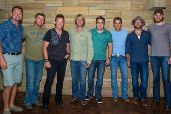 The GAC Kick-off Breakfast. Pictured (L-R): host Storme Warren, Lonestars Richie McDonald, Dean Sams, Keech Rainwater & Michael Britt; Easton Corbin, Drake White and Eric Paslay. Photo: Matt Blair.