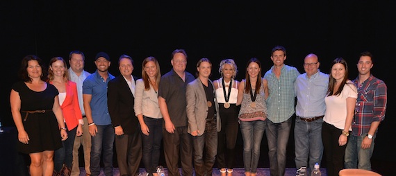 Pictured (L-R): Big Yellow Dogs Carla Wallace, Bug Musics Sara Johnson, BMIs Bradley Collins, host Cody Alan, BMIs Jody Williams, Sony Music Nashvilles Lesly Tyson and Gary Overton, co-writer Josh Kear, Carrie Underwood, co-writer Hillary Lindsey, ASCAPs Ryan Beuschel, producer Mark Bright, and BMG Chrysalis Taylor Lindsey and Kevin Lane.