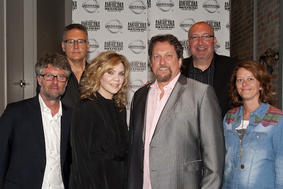 (L-R) Jed Hilly, Executive Director, Americana Music Association; Randy Goodman, Nashville Music Council; Alison Krauss; Jerry Douglas; Jon Brancheau, Vice President/Marketing, Nissan; Lenore Kinder, Talent Buyer, AEG Live /The Messina Group. Photo by Erika Goldring