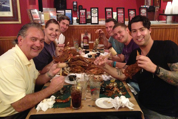 Streamsound Records recording artist Austin Webb recently stopped at Baltimores Costas Inn to dine with radio reps from WPOC in promotion of his latest single Slip On By.  Pictured (L-R): Streamsounds Mike Culotta, Theresa Ford, Josh Pantana (band), Brad Uhlman (WPOC), Lance Houston(WPOC) and Austin Webb