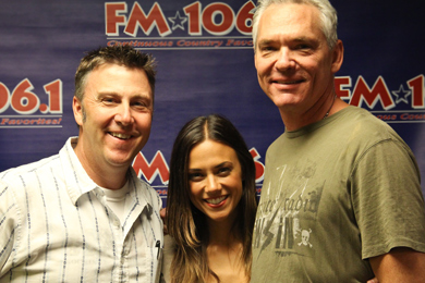 Jana Kramer recently visited WMIL in promotion of her No. 55 single, I Hope It Rains. Pictured (L-R): Tom Martens (W.A.R.), Jana Kramer and Kerry Wolfe (PD-WMIL)