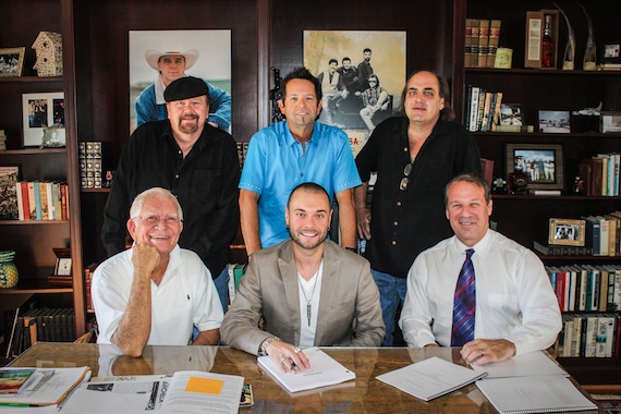 Pictured (L-R): Dale Morris/Morris Management, Jason Mitchell and  Mike Kraski/Tenacity Records.  Back row (l-r) are:  Dan Mitchell/Producer/WeBlast Records, Tim McFadden/Tenacity Records and Bradley Drake/WeBlast Records.