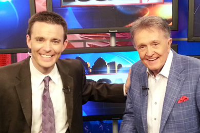 Country Music Hall of Famer Whisperin' Bill Anderson (R) recently stopped by WKRC-TV in Cincinnati, OH to visit with Bob Herzog (L) about becoming the Honorary Captain of the Red's baseball team on August 24. Anderson wrote "Cincinnati, Ohio,” a hit for Connie Smith in the late sixties, and is currently being sung by the huge crowds at every Red's game this season.