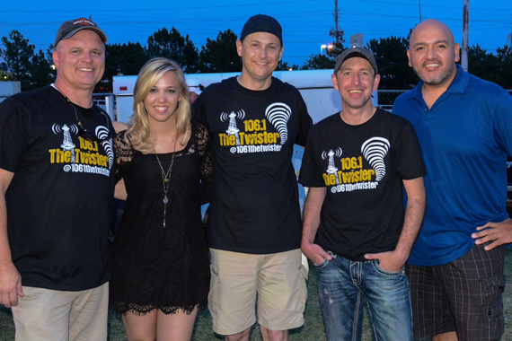 Sidewalk Records Morgan Frazier helped CC Tulsa/ KTGX 106.1 The Twister celebrate the station's 1 Year Birthday at a recent concert at Big Splash Water Park with on-air afternoon duo "Bud and Broadway" and several hundred listeners. Pictured (L-R) Jerry Broadway (KTGX), Morgan Frazier, Bud Ford, JJ Ryan (PD), and Roger Fregoso (Sidewalk Records). 