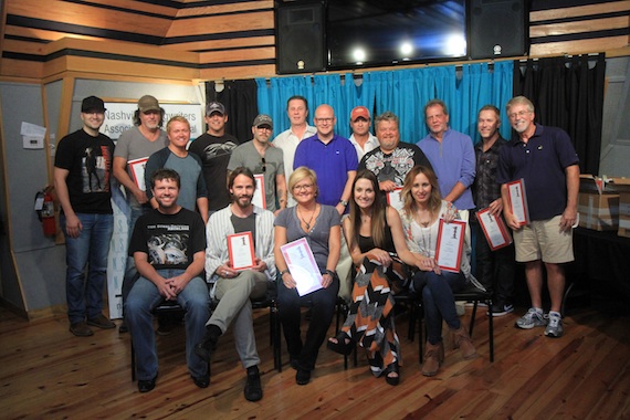 Pictured (Front row, L-R): NSAI President Lee Thomas Miller, Paul Jenkins, Connie Harrington, Natalie Hemby, Jessi Alexander. (Second row, standing, L-R): Luke Laird, David Lee Murphy, Shane McAnally, Jimmy Yeary, Andrew Dorff, NSAI Executive Director Bart Herbison, Mark Bright, Tim James, Craig Wiseman, Presidents Choice Award recipient Gerry House, Jason Sellers, Tom Shapiro