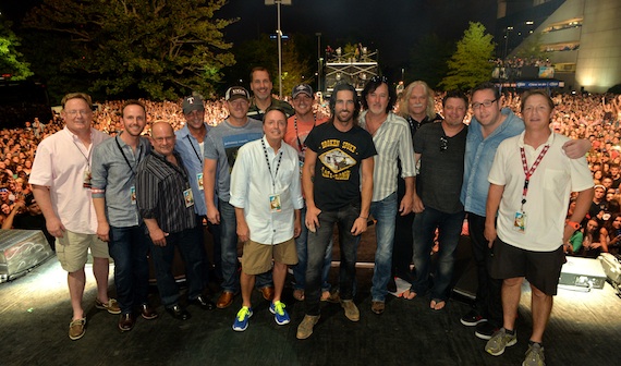 Pictured (L-R): Sony Nashvilles Gary Overton, This Musics Rusty Gaston, Avenue Banks Ron Cox, ASCAPs Michael Martin, co-write Ben Hayslip, EMI Blackwood Musics Tom Luteran, BMIs Jody Williams, co-writer Jimmy Yeary, Jake Owen, co-writer David Lee Murphy, Old Desperados Doug Casmus, producers Rodney Clawson and Joey Moi, and BMIs Clay Bradley.