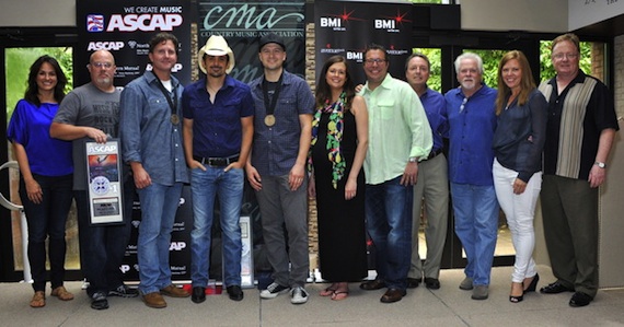 Pictured (L-R): ASCAP's LeAnn Phelan, Sea Gayle's Marc Driskill, Chris DuBois, Brad Paisley, Luke Laird, Creative Nation's Beth Laird, Universal Music Publishing Group's Kent Earls, BMI's Jody Williams, Paisley's manager Bill Simmons, and Sony Music Nashville's Lesly Tyson and Gary Overton. All photos by Frederick Breedon.