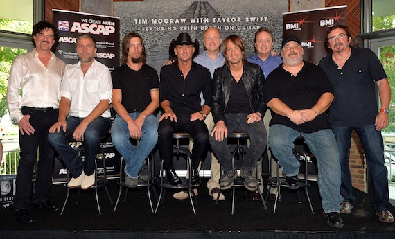 Pictured (L-R): Big Machine Label Groups Scott Borchetta, co-writers Brett and Brad Warren, Tim McGraw, Sony ATV Music Publishings Troy Tomlinson, Keith Urban, BMIs Jody Williams, co-writer Mark Irwin and producer Byron Gallimore. Photos by Rick Diamond. 