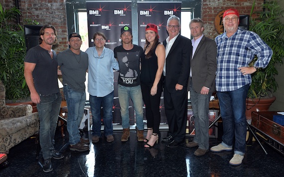 Pictured (L-R): Corn Man Music's Brett James, co-writer Dan Couch, Corn Man Music's Nate Lowery, Kip, MCA Nashville's Miranda McDonald, BMI's Perry Howard, BMG Chrysalis' Kos Weaver and Capitol Records' Mike Dungan.Photographer: Rick Diamond 