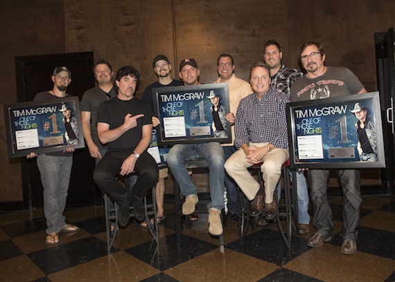 Pictured (Back row, L-R): co-writers Chris Tompkins, Rodney Clawson and Luke Laird; Universal Music Publishings Kent Earls and Freeman Wizer; (Front row, L-R): Big Machine Label Groups Scott Borchetta, Tim McGraw, BMIs Jody Williams and producer Byron Gallimore. 