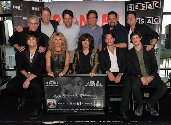 Pictured (L-R): First Row: Neil Perry, Kimberly Perry, Reid Perry, Jacob Bryant, John Davidson. Second Row: Jimmy Harnen (Republic Nashville President/BMLG EVP), Clay Bradley ( BMIs Assistant VP of Writer/Publisher Relations), Mike Doyle (VP Creative/GM -Major Bob Music), Dann Huff (Producer), Tim Fink (VP Writer/Publisher Relations/SESAC), and Jesse Frasure (Director of A&R -Major Bob Music). Photo: Rick Diamond/Getty Images