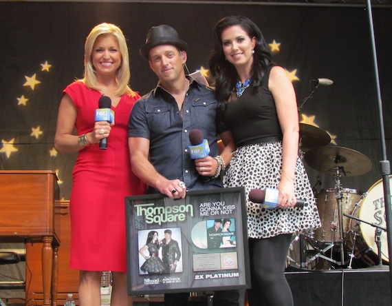 Pictured (L-R): FOX & Friends' Ainsley Earhardt and Keifer and Shawna Thompson of Thompson Square celebrate over two million in sales forThompson Squares hit, Are You Gonna Kiss Me Or Not.