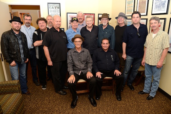 Pictured (L-R): Guthrie Trapp, Vice President of Museum Programs Jay Orr, Bill Lloyd, Byron House, Pig Robbins, Leon Rhodes, Greg Morrow, Buddy Emmons, Duane Eddy, Dan Dugmore, Dean Miller, Buck Reid, (seated) Steve Fishell and Tommy White.  