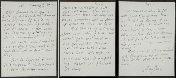 An original three-page handwritten draft of the liner notes for Johnny Cash's 2000 album release, Love, which was released individually and also as part of a 3-CD box set titled, Love, God and Murder. Reads in part, "I remember when I fell into June's 'Ring of Fire.' There was a lot of showing it as well as saying it. Never had there been a deeper love than my love for her. At times it was painful but we shared the pain so it was just half painful. Now, even though it has mellowed out, the flame of our love still burns. And it burns, burns, burns." Signed at the conclusion of the last page "Johnny Cash." From the personal collection of MusicRow Publisher/Owner Sherod Robertson