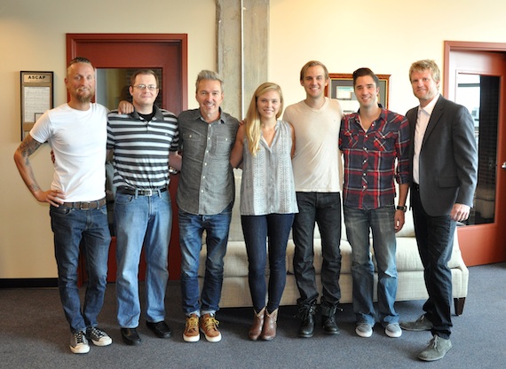 Pictured (L-R): Alex Orbison, President, Still Working Music; Noah McPike, Almon Law, PLLC.; Tommy Lee James, Chief Creative Officer, Still Working Music; Kendall Lettow, Creative Director, Still Working Music; Derrick Southerland; Kevin Lane, Creative Director, BMG Chrysalis; Kos Weaver, EVP, BMG Chrysalis. 