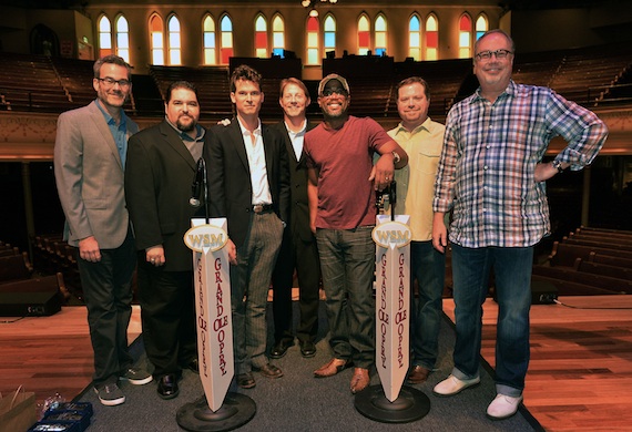 Pictured (L-R): Gaylord Entertainment/Grand Ole Oprys Steve Buchanan, SESACs Tim Fink, co-writer Ketch Secor, BMIs Clay Bradley, Darius Rucker, producer Frank Rogers, and Capitol Nashvilles Mike Dungan. Photo: Rick Diamond