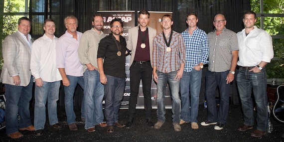 Pictured (L-R): BMIs Bradley Collins, Warner/Chappell Music Publishings Ben Vaughn, Combustion Musics Chris Farren, Sony/ATV Music Publishings Josh Van Valkenburg, co-writer Chris DeStefano, Brett Eldredge, co-writer Ashley Gorley, ASCAPs Ryan Beuschel, Warner Music Nashvilles John Esposito and RLB Artist Management, LLCs Rob Baker. Photo: Erika Goldring