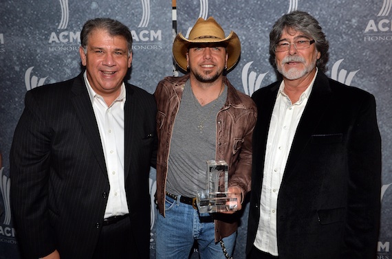 Pictured (L-R): ACM's Bob Romeo, Jason Aldean, Randy Owen