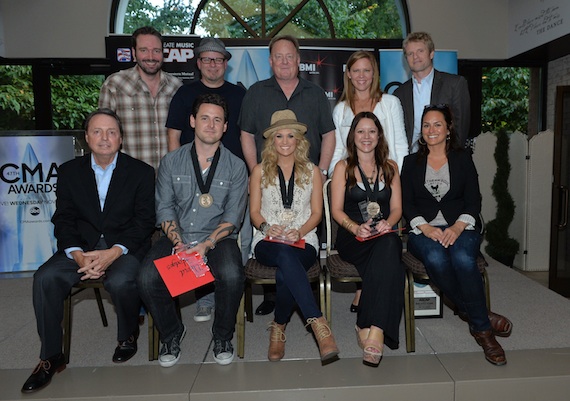 Pictured (back row L-R): EMIs Josh Van Valkenburg, producer Mark Bright, Sony Music Nashvilles Gary Overton and Lesly Tyson and BMG Chrysalis Kos Weaver. (front row L-R): BMIs Jody Williams, David Hodges, Underwood, Hillary Lindsey and ASCAPs LeAnn Phelan. Photo: Rick Diamond