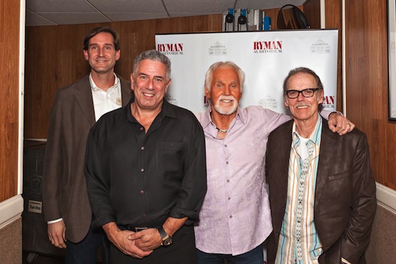 Pictured (L-R): Brian Wagner, Ryman Auditorium; Ken Levitan, Vector Management; Kenny Rogers; and John Hiatt. Photo credit: Randy Dorman 