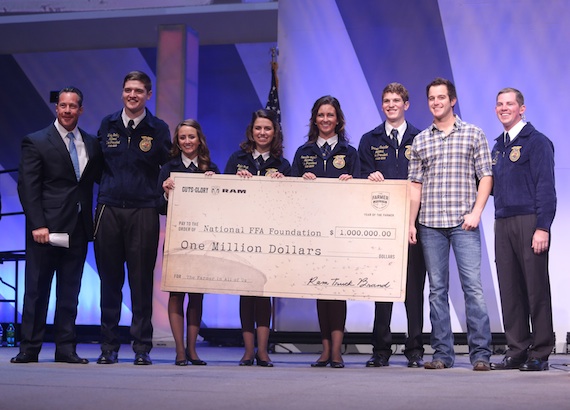 Pictured (L-R): Reid Bigland, President and CEO, Ram Truck Brand, Chrysler Group LLC; Wiley Bailey, 2012-13 Southern Region Vice President; Lindsey Anderson, 2012-13 Western Region Vice President; Kalie Hall, 2012-13 National FFA Secretary; Joenelle Futrell, 2012-13 Eastern Region Vice President; Brennan Costello, 2012-13 Central Region Vice President; Easton Corbin; Clay Sapp, 2012-13 National FFA President