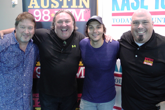 Charlie Worsham recently performed songs from his album Rubberband for KASE listeners. Pictured (L-R): Bob Picket (MD  KASE), Ray Vaughn (Southwest Regional  Warner Bros./W.A.R.), Charlie Worsham & JT Bosch (PD  KASE)