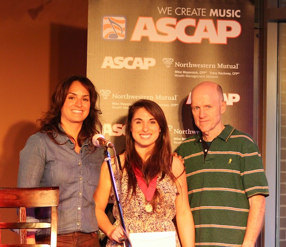 Pictured (L-R): LeAnn Phelan (ASCAP), Alysa Vanderheym (2013 ASCAP Foundation Songwriters Scholarship recipient), James Elliott (chair, Songwriting Program).