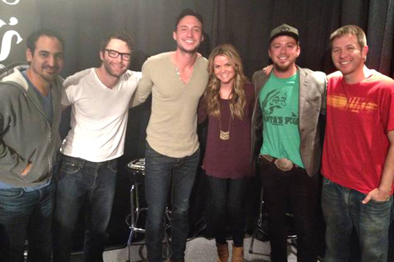 Eric Gunderson and Stephen Barker Liles of the CMA-nominated duo Love and Theft recently stopped by The Bobby Bones show in promotion of this weeks No. 12 RCA Nashville single If You Ever Get Lonely. Pictured (L-R): Eddie, Bobby Bones, Eric Gunderson, Amy, Stephen Barker Liles, Lunchbox